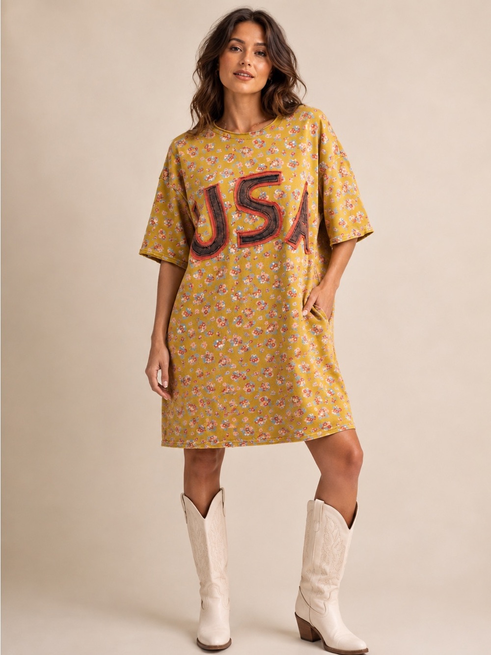 #10 Easel CLOSEOUT FIRM 🌸New! Easel Yellow Floral 'USA' Oversized T-Shirt Dress - Picture 4 of 4
